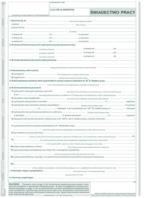 501-1N Świadectwo pracy
