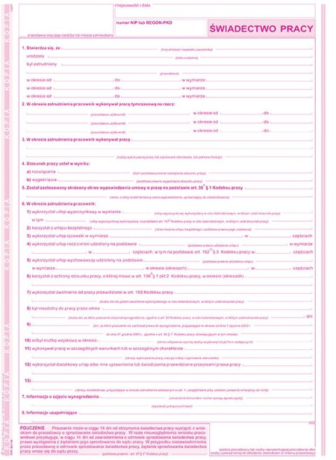 501-1N Świadectwo pracy