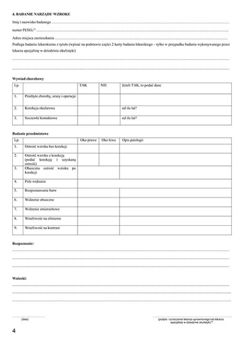 Karta badania lekarskiego dla kierowców A4 + A5