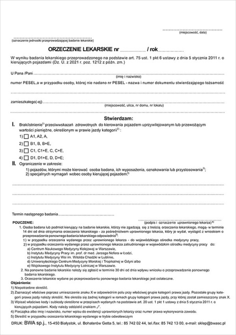 Orzeczenie lekarskie dla kierowców uprzywilejowanych A5/100
