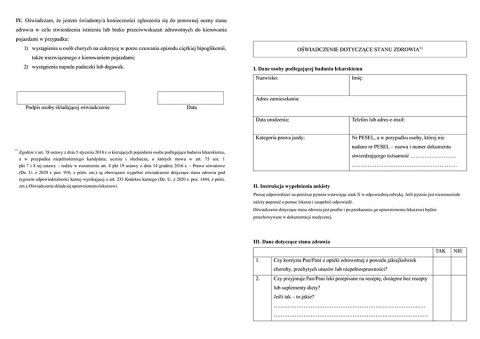 Oświadczenie dotyczące stanu zdrowia kierowcy A4