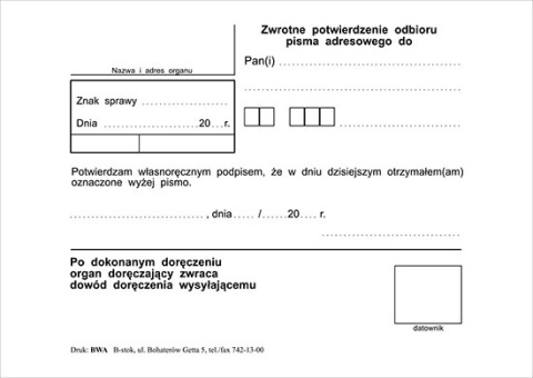 Zwrotne potwierdzenie odbioru pisma adresowanego A6/100 (Poziom)