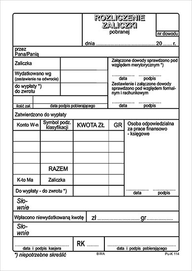 Rozliczenie zaliczki A6/100
