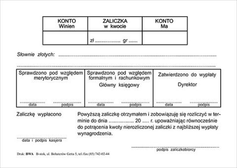 Wniosek o zaliczkę A6/100
