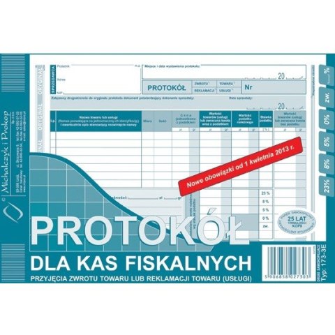 PROTOKÓŁ DLA KAS FISKALNYCH PRZYJĘCIA ZWROTU A5 (O+1K)