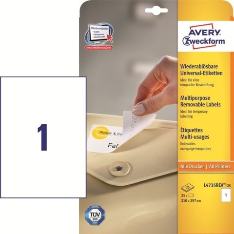 ETYKIETY A4 AVERY 210*297mm USUWALNE BIAŁE (25)